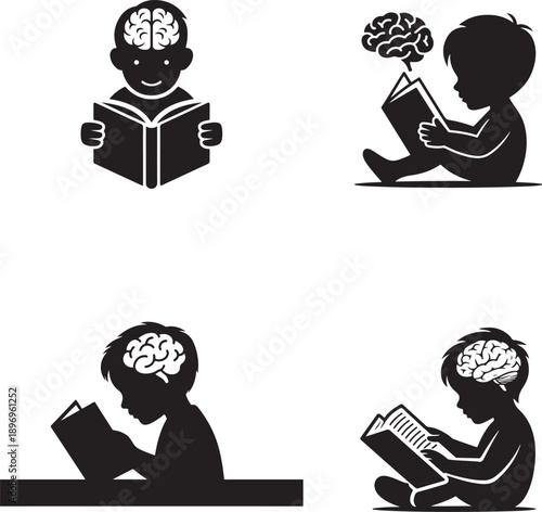 Children with brains reading books symbolizing knowledge