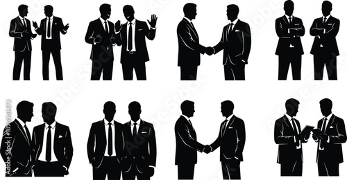 Business interaction silhouettes, corporate teamwork, leadership communication, office negotiation, partnership collaboration, professional career success illustration