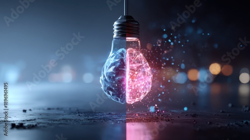Artificial intelligence concept with a glowing digital brain inside a light bulb on a dark bokeh background