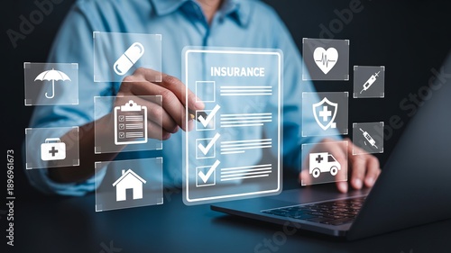 Photos Man completing digital insurance form with various healthcare and protection ico