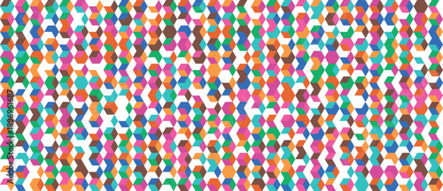 A complex geometric pattern displays a multitude of small colorful three dimensional cube shapes in a grid