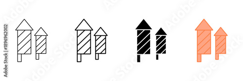 Set of minimalist fireworks rockets icons with transparent background, depicting celebration symbols, festive graphics, holiday pyrotechnics, vector illustration