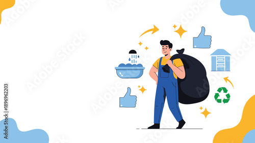 Garbage collector in blue uniform carries large black trash bag past waste management icons for recycling and sanitation.