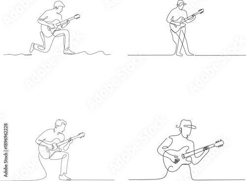 Four single-line drawings of guitarists in various poses