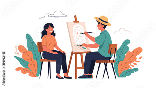 Creative male artist wearing straw hat sits at easel and paints portrait of smiling young woman in natural setting.