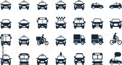 Taxi Car and Urban Transportation Silhouette Icon Set Featuring Cabs Buses Trucks Bicycles and Delivery Vehicles for Navigation Apps