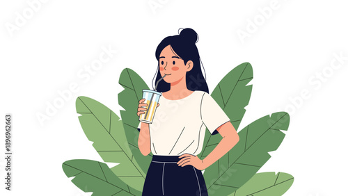 Smiling young woman with hair in bun enjoys refreshing drink through straw while standing against large green leaves.