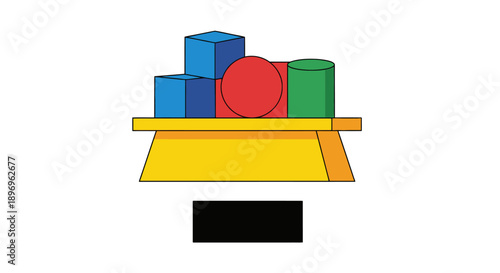 Fundamental Geometric Shapes Vector Illustration: Cube, Sphere, and Cylinder Blocks Stacked and Balanced on a Stand