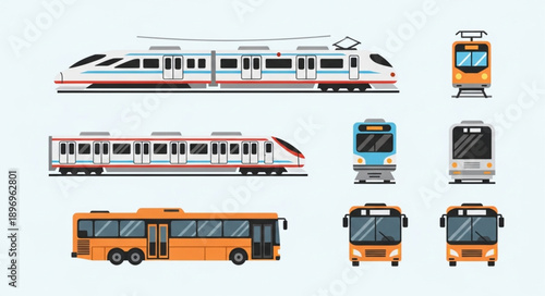 Collection of modern public transportation vehicles including trains and buses.