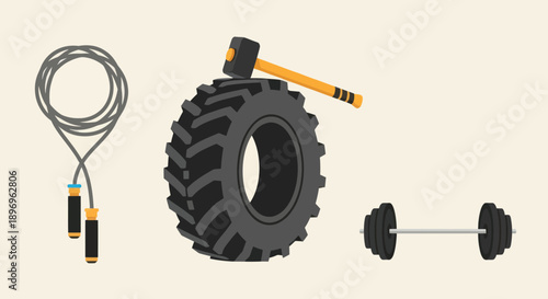Essential Gym Fitness Equipment Collection: Jump Rope Tire Sledgehammer Barbell.