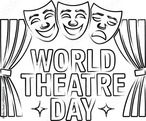 World theatre day illustration with comedy tragedy masks