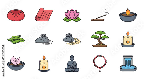 A colorful collection of line art icons representing Zen meditation and spiritual relaxation.
