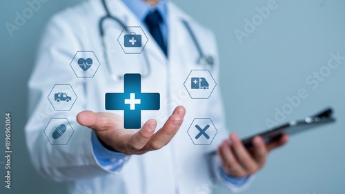 Healthcare professional presenting virtual medical cross with floating healthcare service symbols in bright medical facility