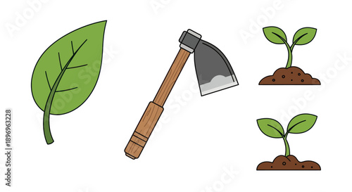 Green Leaf Garden Hoe and Young Plant Sprouts Illustration.