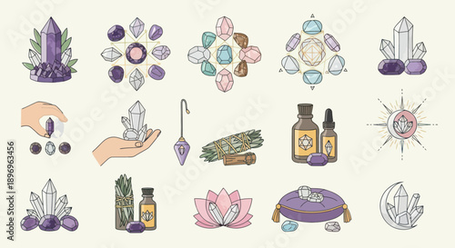 Hand-drawn spiritual wellness collection: crystals essential oils sage lotus meditation items.