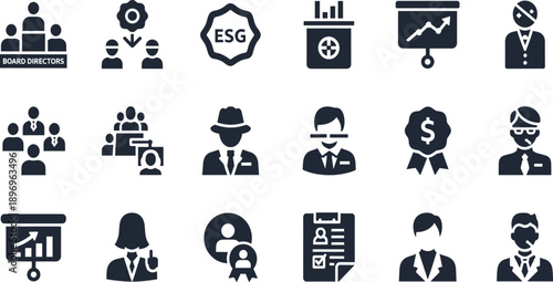 Business Leadership and Corporate Governance Solid Icon Set Featuring Board Directors ESG Management Strategy Growth and Executive Team Symbols