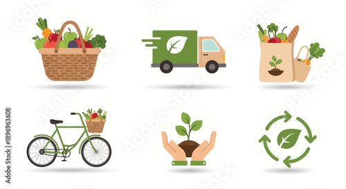 Eco-friendly food delivery and sustainability icons.