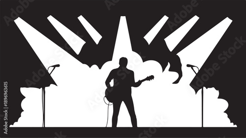 Silhouette of a guitarist on stage with spotlights