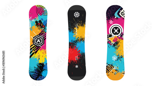 Trio of snowboards featuring vibrant abstract patterns and geometric shapes are displayed against plain white background.