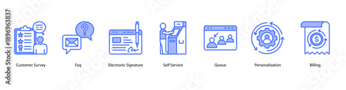 Smart Customer Solutions web banner icon vector illustration featuring Customer Survey, Faq, Electronic Signature, Self Service, Queue, Personalization, and Billing.