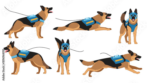 German Shepherd service dog wearing blue harness is shown in several positions including sitting lying down and running.