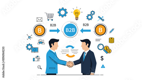 Two professional businessmen in suits shake hands in front of B2B marketing icons and logistics symbols for partnership.