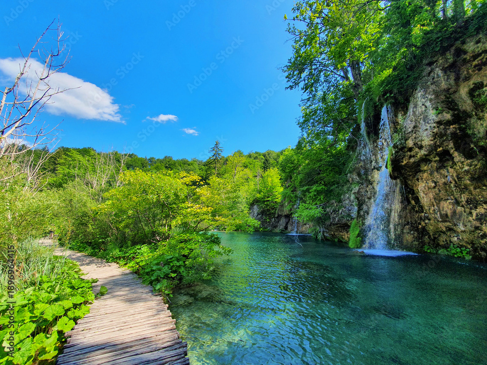 Ταπετσαρία Empty boardwalk runs past a small waterfall in the scenic Plitvice national park
