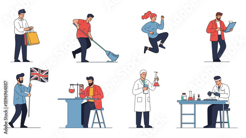Set of people engaged in different activities including shopping, cleaning, dancing, researching in a lab, and carrying a flag.