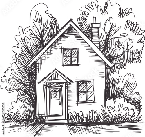 Hand drawn of a cozy house surrounded by trees and bushes home dwelling building