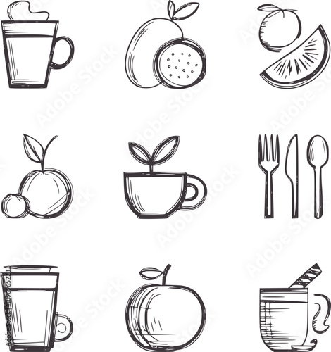 Hand drawn of food drinks and cutlery fruit mango orange