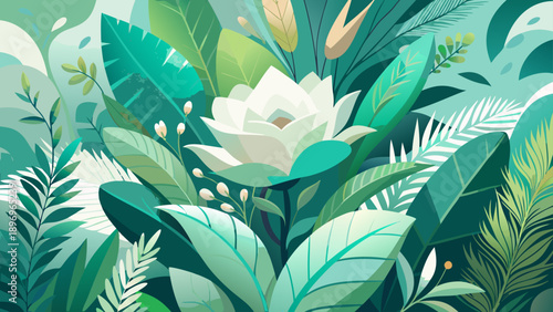 Very beautiful abstract botanical composition with soft green tones, gentle whites, and layered leaves blending seamlessly into a calm, modern background with a serene and elegant atmosphere.