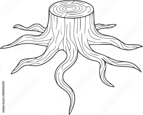 Minimalist line of a tree stump with exposed roots wood nature