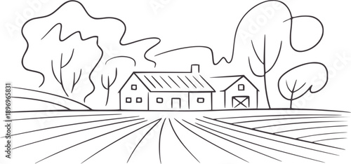 Minimalist pen ink of a rural farmhouse and barn with fields tree