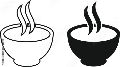 Hot soup bowl icon set with steam, isolated minimalist vector illustration of liquid food in linear and glyph style.