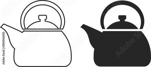 Kettle vector icon set with outline and solid silhouette styles, isolated on white background. Simple kitchenware tea pot symbol for web and graphic design.
