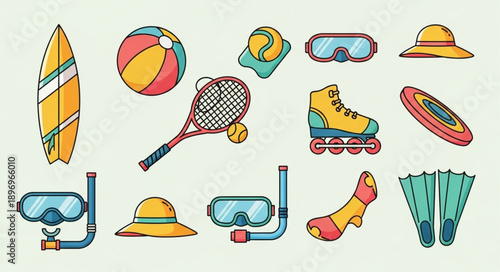 Collection of Summer Beach and Sports Equipment Icons.