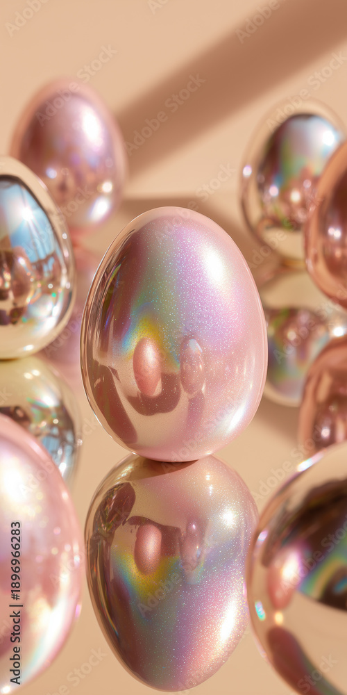 Fototapeta premium Modern kitsch easter interior featuring shiny pastel ceramic eggs floating holographic decorations on a mirrored surface against a solid cream background.