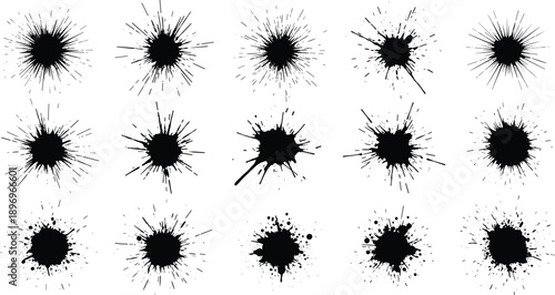 Collection of fifteen unique black ink splatter designs with abstract bursts, irregular edges, and dynamic textures for creative art, illustration, and graphic design projects