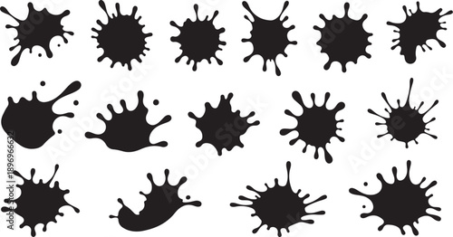 Collection of black ink splatters on white background various