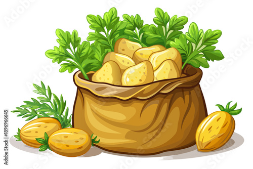 Celery sack full of fresh yellow potatoes some sprouted green leaves isolated on transparent background rural farm produce natural food element.