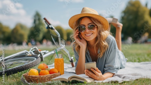 Happy woman with smartphone lying on picnic blanket in the park. Young female in sunglasses and straw hat relaxing outdoors with book and fruit. Summer vacation and digital lifestyle