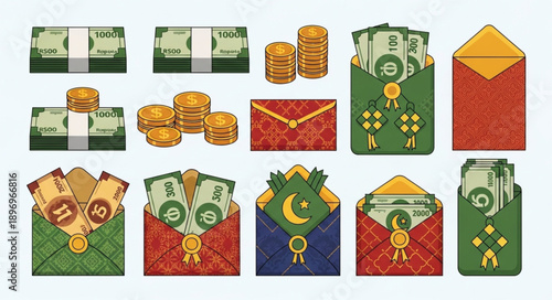 Collection of money envelopes and stacks of cash.