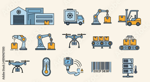 Collection of Industrial Automation and Logistics Icons.