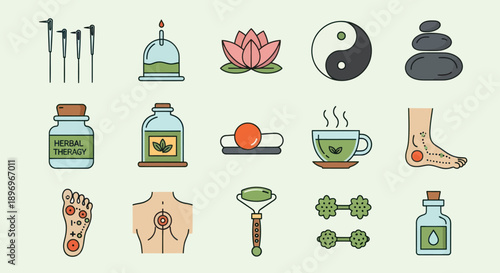 Collection of Alternative Medicine and Wellness Icons in Flat Design Style.