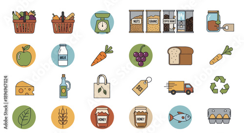Assorted Grocery Items: Hand-Drawn Icons of Food and Household Products.