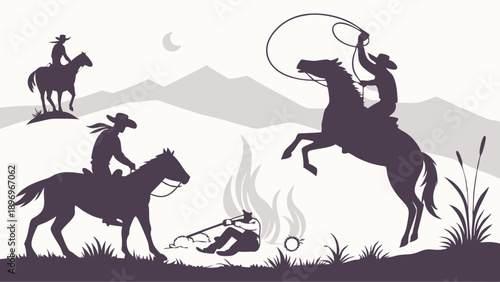 Rustic Cowboy Campfire Scene Silhouette Roping Horse Riding Under Moon for Western Adventure Travel Design