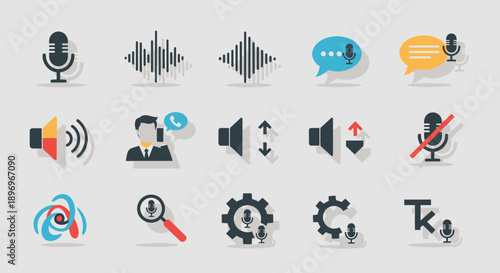 A collection of modern flat design icons for audio voice sound and communication.