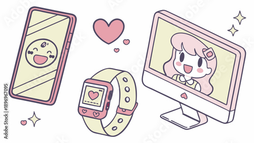 Cute Kawaii Gadgets Smartphone Smartwatch Monitor Displaying Happy Girl for Digital Dating App Design or Social Media Content