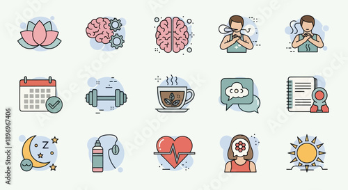 Colorful Vector Icons Representing Health Wellness and Lifestyle.