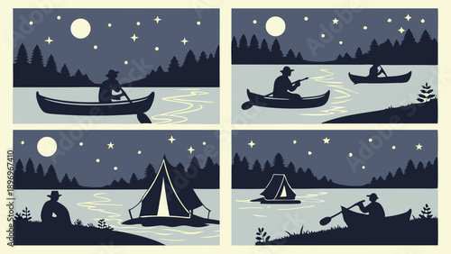 Night Camping Adventure Silhouettes Canoeing Kayaking Lakeside Tents Under Moon Summer Vacation Travel Outdoor Recreation